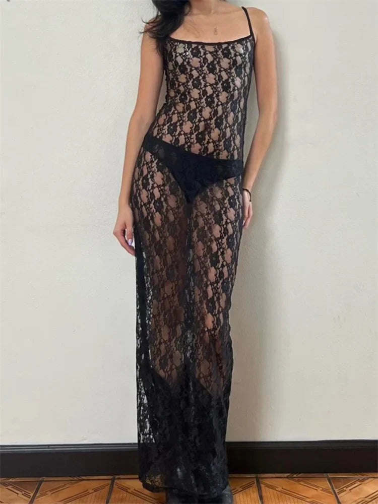 Lace Floral Mesh See Through  Summer Beach Cover Ups Women Sleeveless Strap Solid Slim Vestidos InsStreet