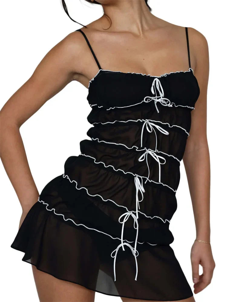 Sexy Women Sleeveless Casual Sling Spaghetti Strap See Through Tie-up  Sexy Y2K Party Vestidos InsStreet