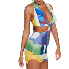 Colorful Geomatic Print Sexy Deep V neck Halter Mini Dress InsStreet