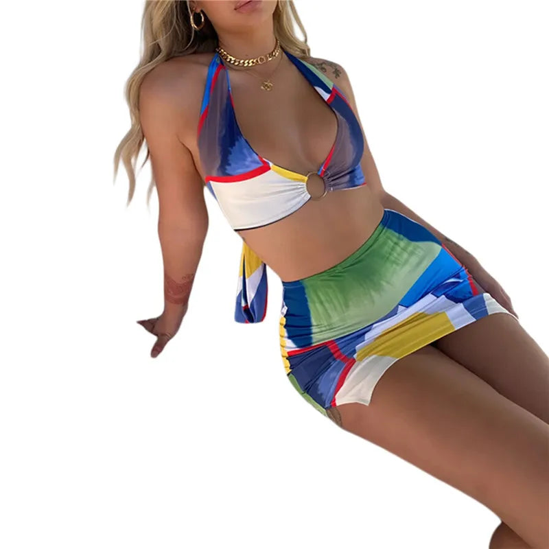 Colorful Geomatic Print Sexy Deep V neck Halter Mini Dress InsStreet