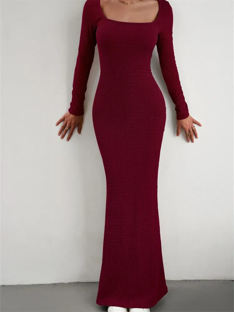 Elegant Women Knitted   Sleeve Square Neck Solid Slim Fit Spring Autumn Cocktail Female Vestidos InsStreet