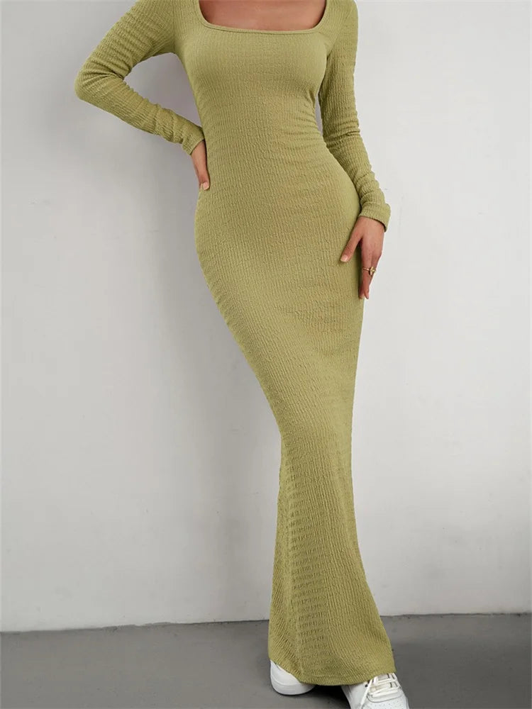 Elegant Women Knitted   Sleeve Square Neck Solid Slim Fit Spring Autumn Cocktail Female Vestidos InsStreet