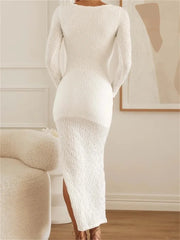 Elegant Women  Sleeve Ruched  Round Neck Low Cut Side High Split White Party Female Vestidos InsStreet