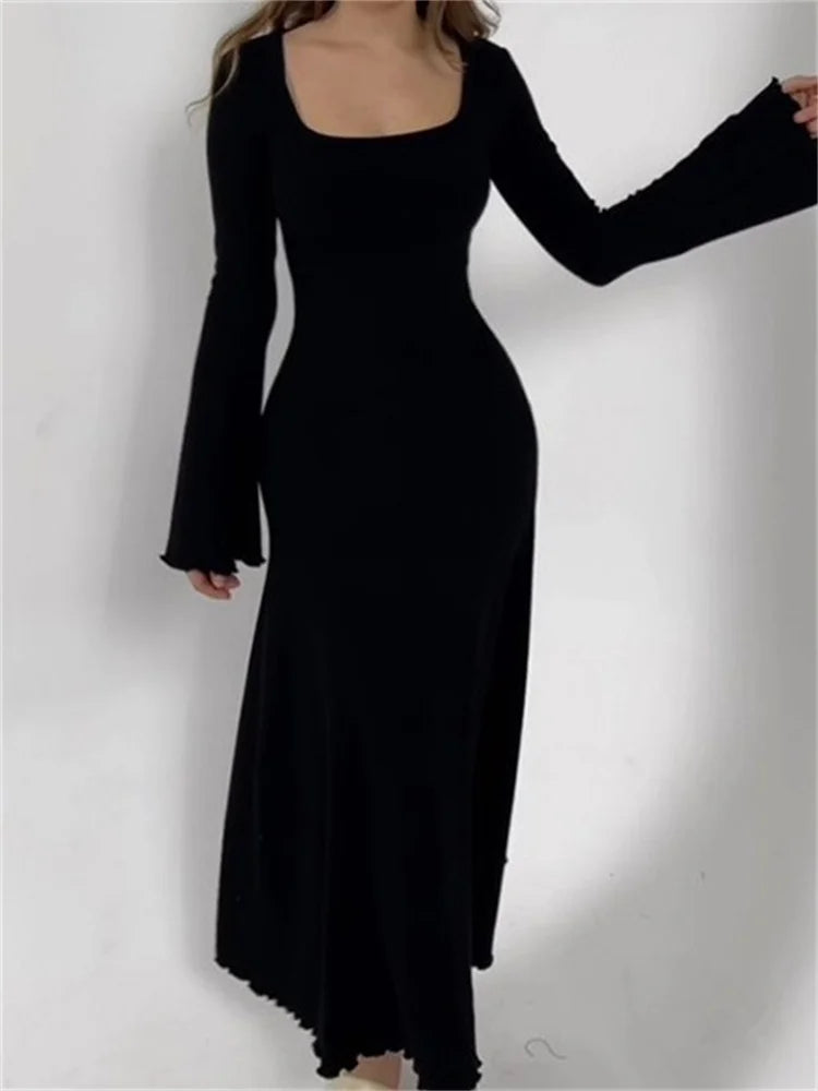 Elegant Women Ribbed   Sleeve Square Neck Solid Slim Fit Fall Party Vestido Streetwear InsStreet