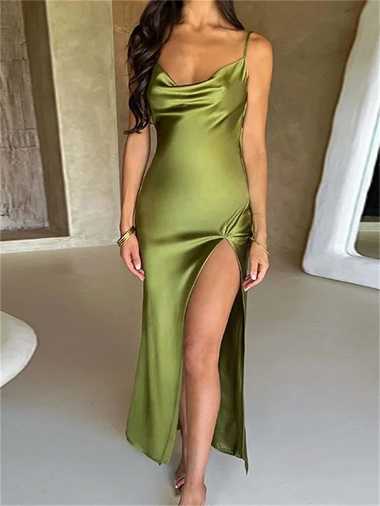 Elegant Women Satin V-neck Low Cut  Spaghetti Strap Backless Ruched High Split Party Female Vestidos InsStreet