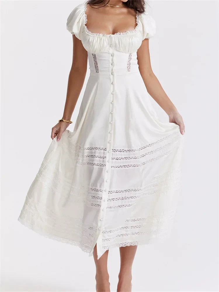 Elegant Women Short Sleeve Front Buttons Up   Lace Hollow Out High Waist White OL Summer Vestidos InsStreet