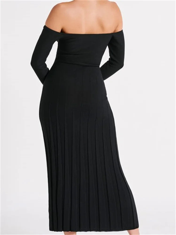 Elegant Women Slash Neck Off-Shoulder  Solid  Sleeve Backless Party Pleated Slim  Vestidos InsStreet