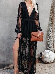 Lace Floral Mesh See Through    Summer Deep V-neck  Lantern Sleeve Beach Female Vestidos InsStreet