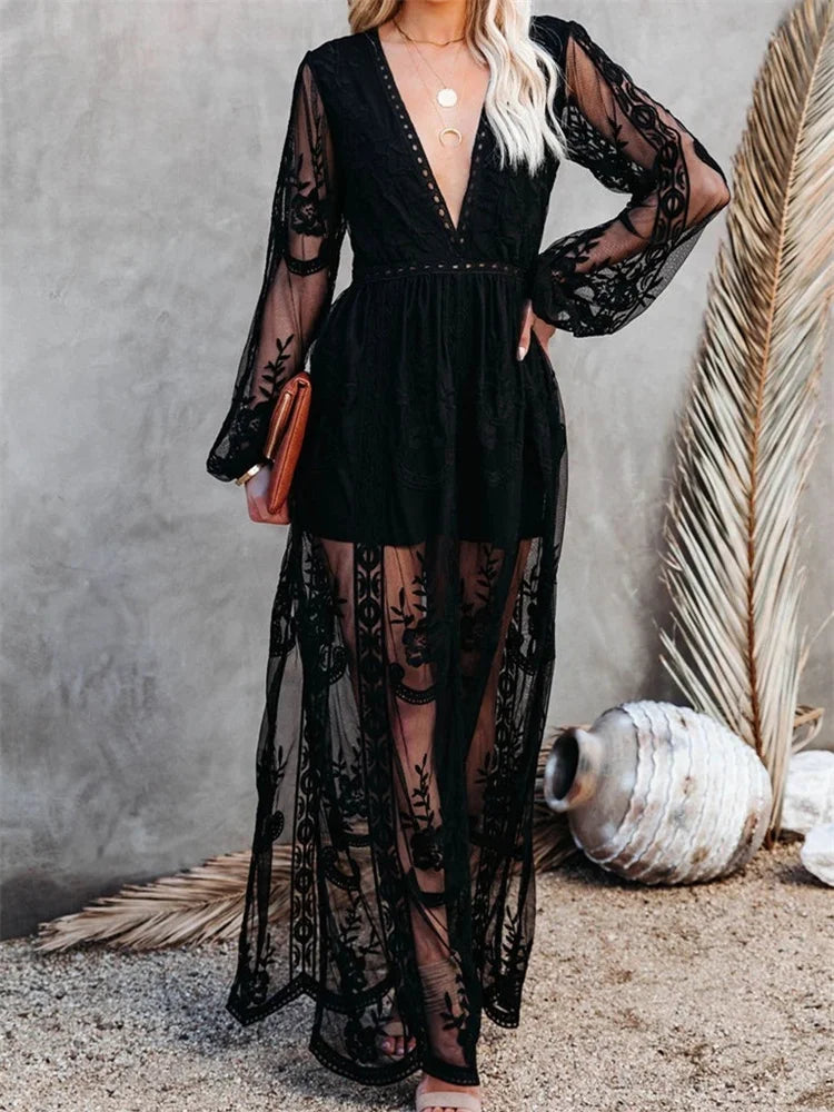 Lace Floral Mesh See Through    Summer Deep V-neck  Lantern Sleeve Beach Female Vestidos InsStreet