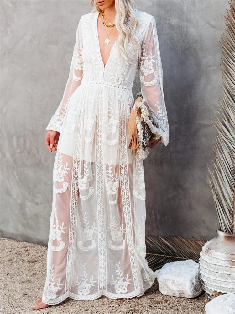 Lace Floral Mesh See Through    Summer Deep V-neck  Lantern Sleeve Beach Female Vestidos InsStreet