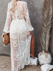 Lace Floral Mesh See Through    Summer Deep V-neck  Lantern Sleeve Beach Female Vestidos InsStreet