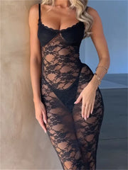 Lace Mesh See Through  for Women Y2K Sleeveless Strap V-neck Sling  Party Female Vestidos Streetwear InsStreet