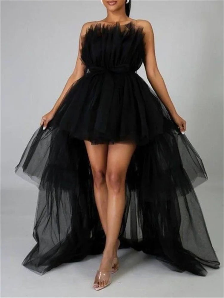 Mesh Sheer Elegant Women Formal Ball Gown  Strapless Off Shoulder High Waist Asymmetrical Hem Tulle InsStreet