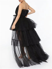 Mesh Sheer Elegant Women Formal Ball Gown  Strapless Off Shoulder High Waist Asymmetrical Hem Tulle InsStreet