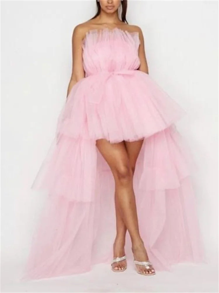 Mesh Sheer Elegant Women Formal Ball Gown  Strapless Off Shoulder High Waist Asymmetrical Hem Tulle InsStreet