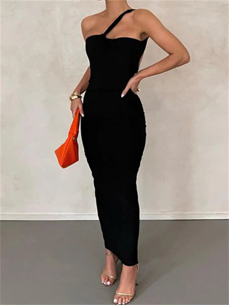 Sexy Backless Ruched  Women Sleeveless Single Strap Off Shoulder Bodycon Party Club  Female Vestidos InsStreet