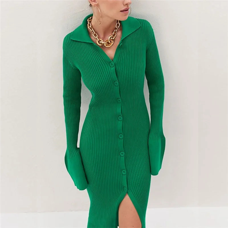 Sexy Knitted Cardigan Women  Female Fashion Slim Solid Autumn Winter  Flare Sleeve Female Vestidos InsStreet