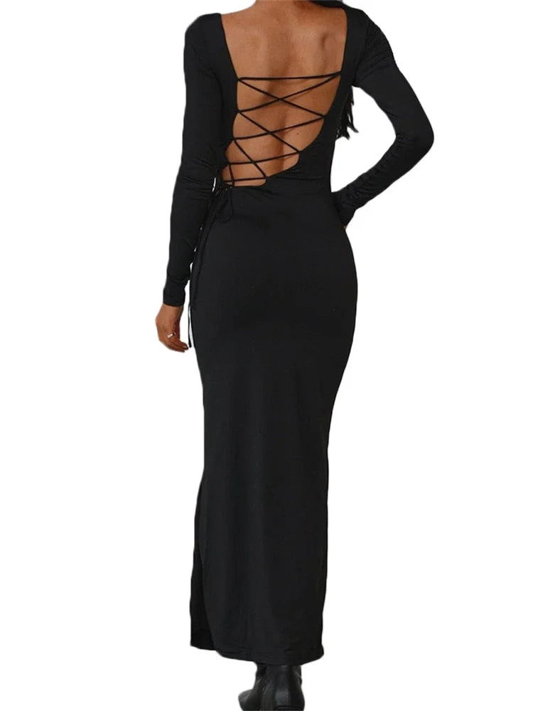 Sexy Women Backless Hollow Out Criss-cross Tie-up   Sleeve Black Solid Slim Fit Party  Vestidos InsStreet