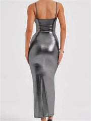 Sexy Women Bodycon  Solid Metallic Sleeveless Strap Summer Backless Party Female Vestidos Streetwear InsStreet