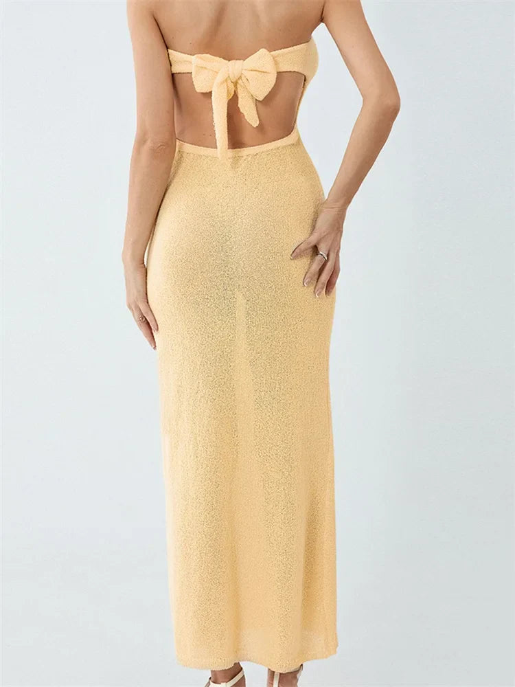 Sexy Women Knitted Tube  Strapless Off Shoulder Solid Summer  Tie-up Backless Beach Female Vestidos InsStreet