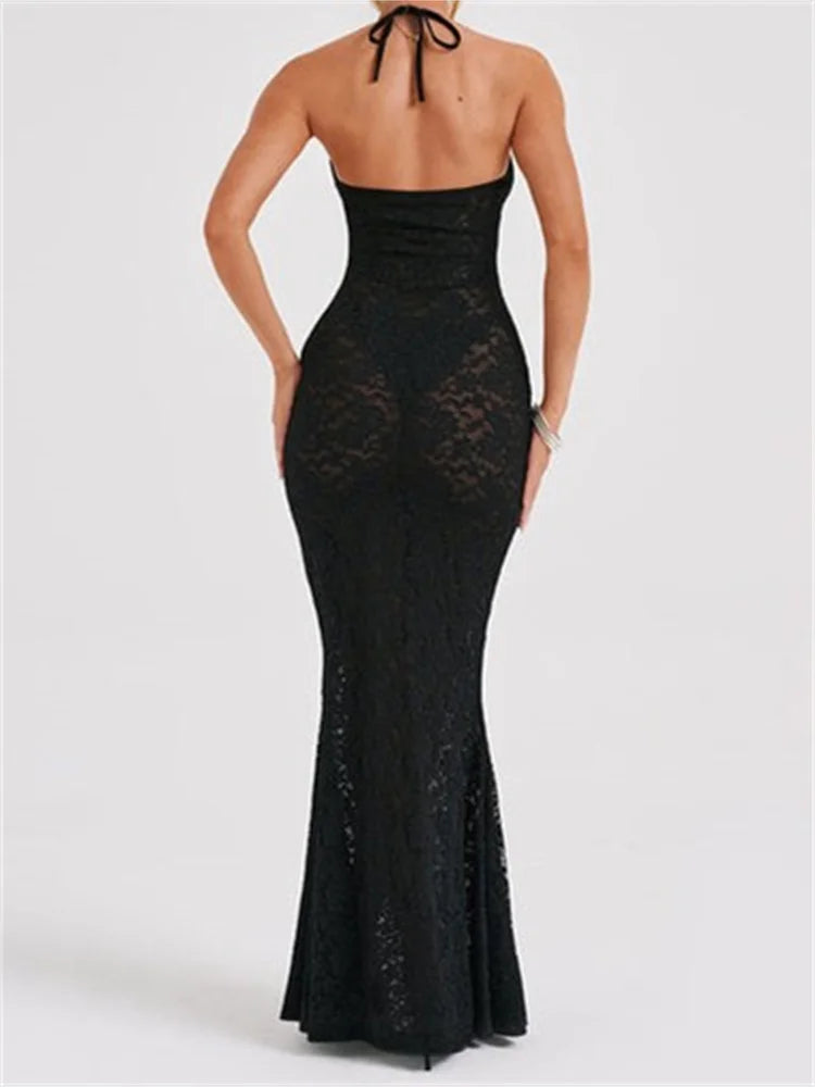 Sexy Women Lace  Sexy Mesh See Through Summer Off Shoulder V-neck Halter Black Beach Female Vestidos InsStreet