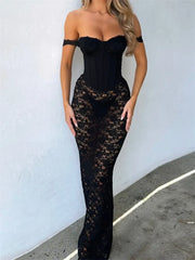 Sexy Women Lace Party  Strapless Backless Patchwork See Through Black Slim Cocktail Vestidos  New InsStreet