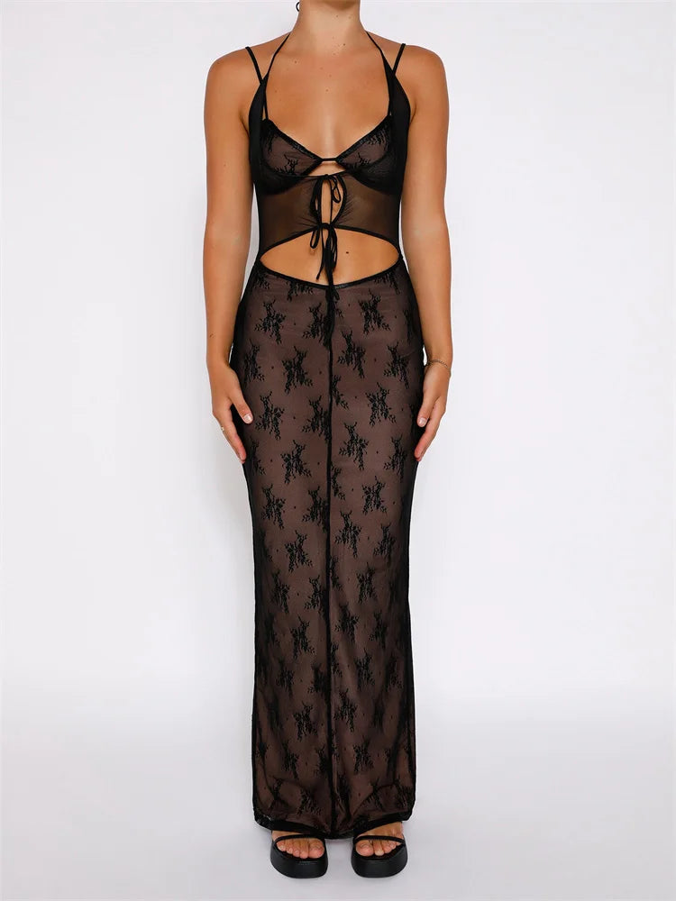 Sexy Women Lace Sleeveless Strap Sling Party Club Mesh See Through Hollow Out Slim Fit  Vestidos InsStreet