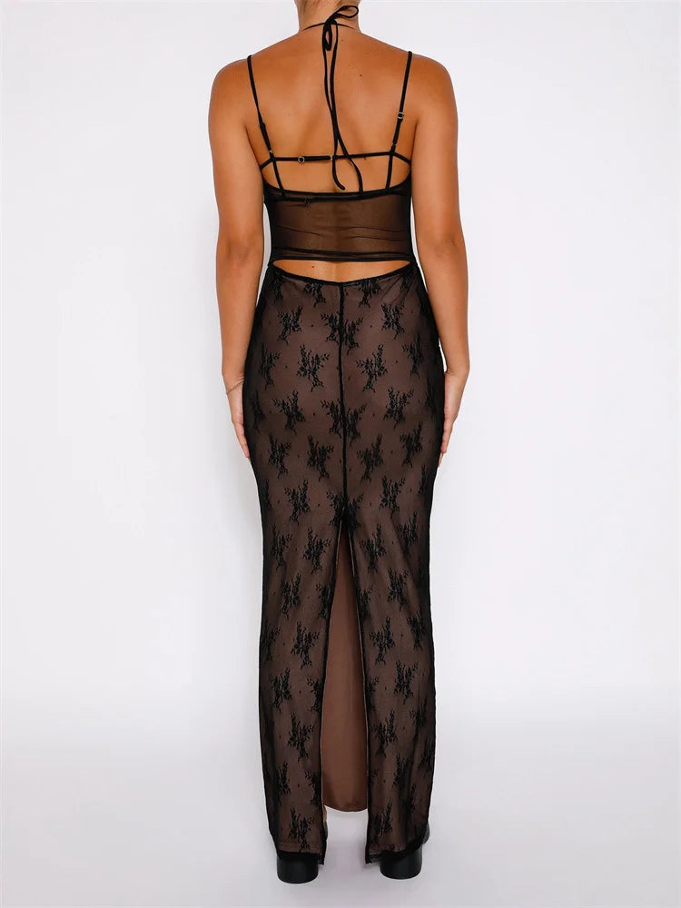 Sexy Women Lace Sleeveless Strap Sling Party Club Mesh See Through Hollow Out Slim Fit  Vestidos InsStreet