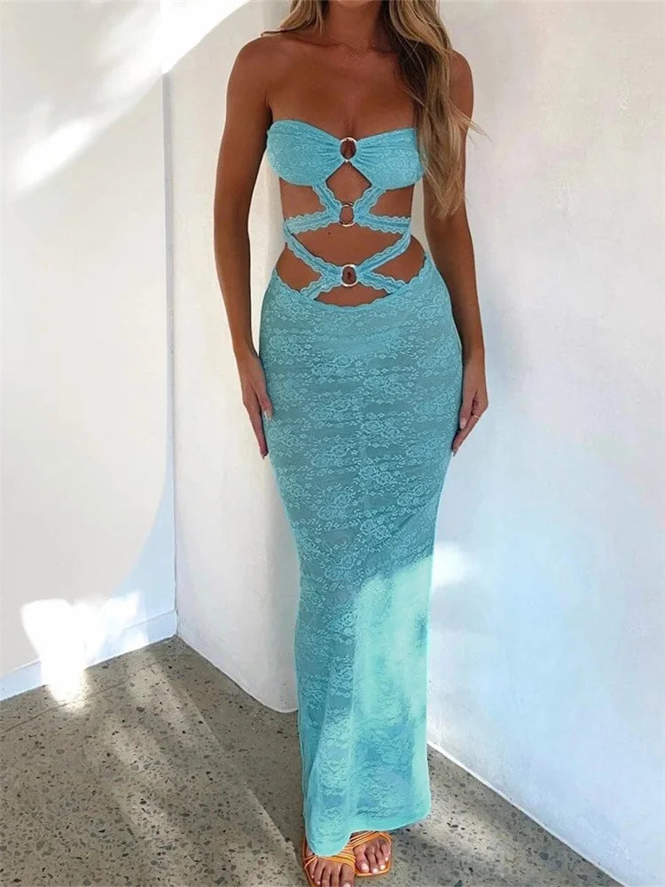 Sexy Women  Lace Hollow-Out Strapless Off Shoulder Tube Summer Backless Fashion Party Female Vestidos InsStreet