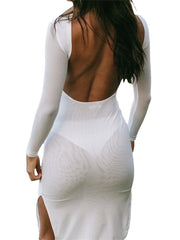 Sexy Women   Sleeve Crew Neck Backless Solid Color Slim Fit Side Split Beach Party Female Vestido InsStreet