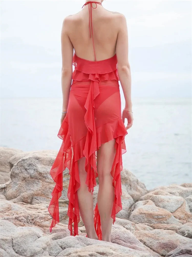 Sexy Women Mesh See Through  Bikini Cover Ups Beachwear Halter Backless Ruffles Tassels Irregular Hem Dress InsStreet