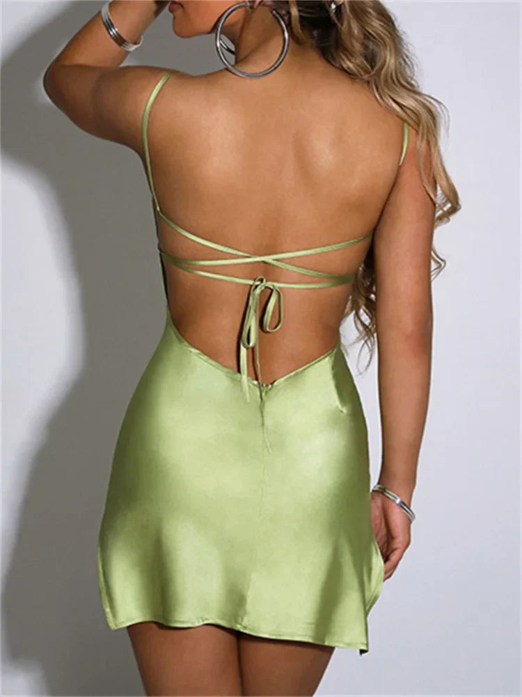 Sexy Satin Sleeveless Strap Summer Solid Bandage Backless Mini Dress InsStreet