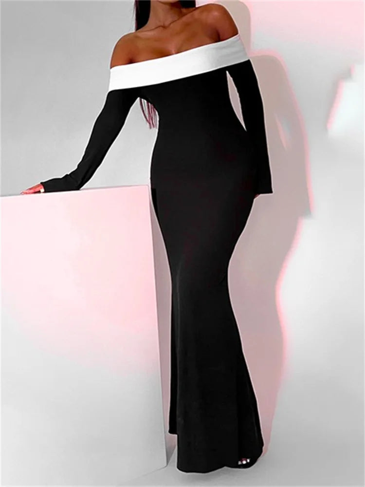 Sexy Women Slash Neck Off Shoulder   Sleeve Contrast Color Slim Fit Party Formal Female Vestidos InsStreet