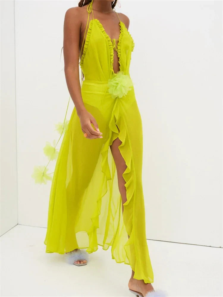 Sexy Women Summer Beach  Sleeveless Halter Tie-up Backless See-through Flower Split Ruffles Vestidos InsStreet