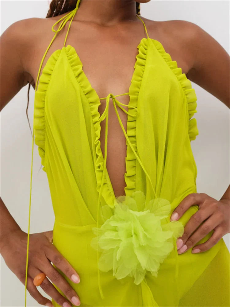 Sexy Women Summer Beach  Sleeveless Halter Tie-up Backless See-through Flower Split Ruffles Vestidos InsStreet