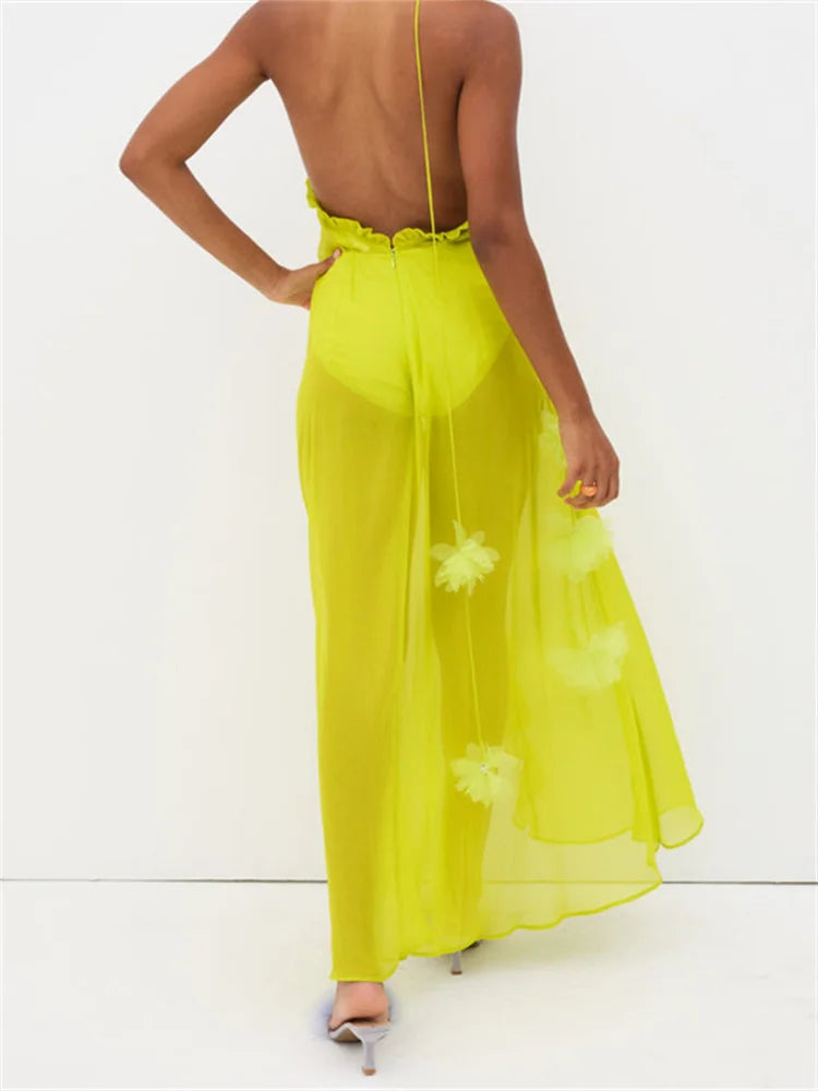 Sexy Women Summer Beach  Sleeveless Halter Tie-up Backless See-through Flower Split Ruffles Vestidos InsStreet