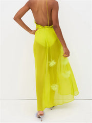 Sexy Women Summer Beach  Sleeveless Halter Tie-up Backless See-through Flower Split Ruffles Vestidos InsStreet