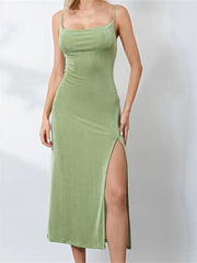 Sexy Women Summer High Split  Solid Spaghetti Strap Square Neck Backless Slim  Female Vestidos InsStreet