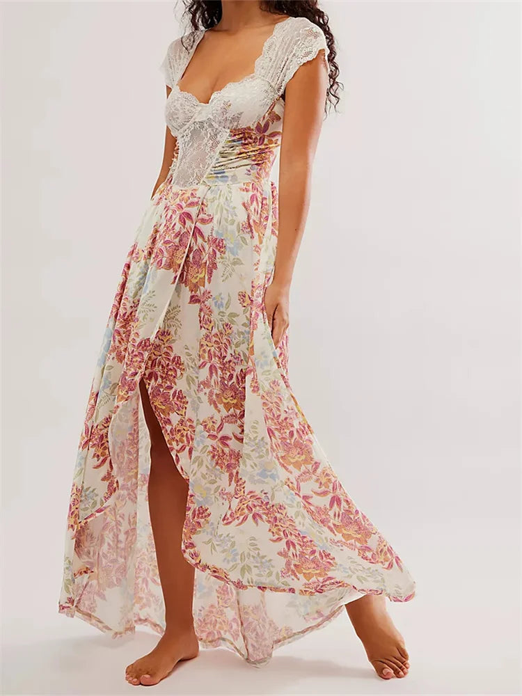Vintage Women Lace Short Sleeve  Casual Floral Print Backless Beach Party Split Summer Vestidos InsStreet