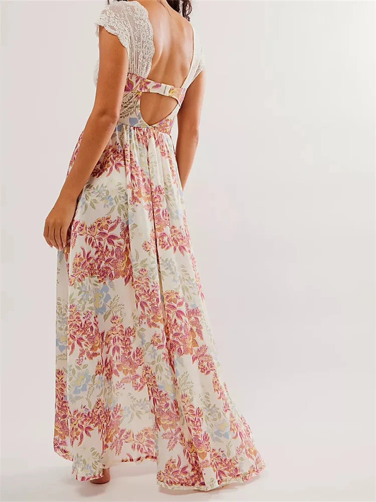 Vintage Women Lace Short Sleeve  Casual Floral Print Backless Beach Party Split Summer Vestidos InsStreet