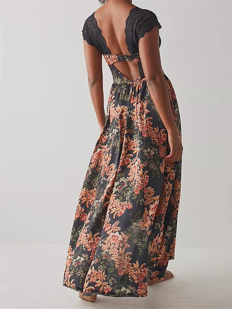 Vintage Women Lace Short Sleeve  Casual Floral Print Backless Beach Party Split Summer Vestidos InsStreet