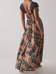 Vintage Women Lace Short Sleeve  Casual Floral Print Backless Beach Party Split Summer Vestidos InsStreet
