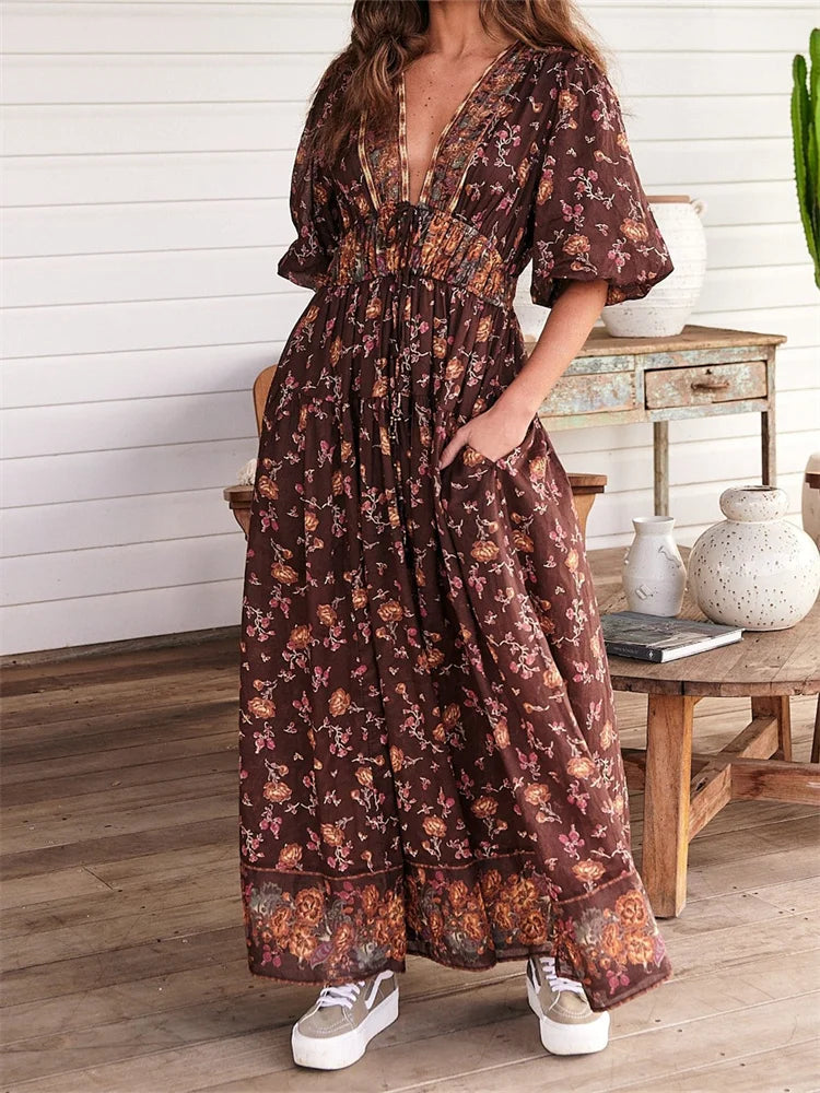 Vintage Women Summer Beach  Short Sleeve Deep V Neck Boho Floral Print Party Female Vestidos  New InsStreet