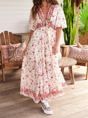 Vintage Women Summer Beach  Short Sleeve Deep V Neck Boho Floral Print Party Female Vestidos  New InsStreet