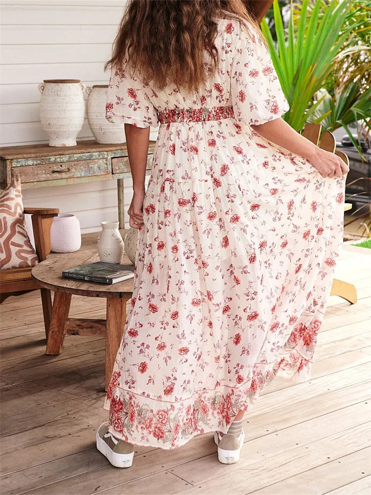 Vintage Women Summer Beach  Short Sleeve Deep V Neck Boho Floral Print Party Female Vestidos  New InsStreet