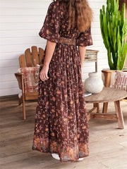 Vintage Women Summer Beach  Short Sleeve Deep V Neck Boho Floral Print Party Female Vestidos  New InsStreet