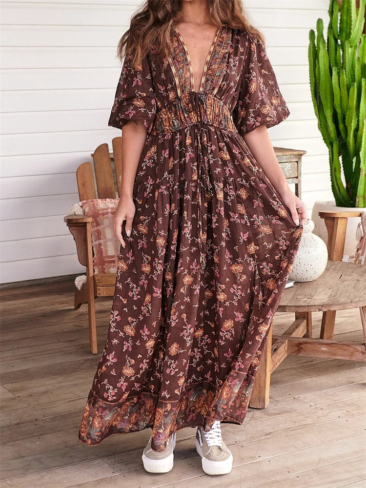 Vintage Women Summer Beach  Short Sleeve Deep V Neck Boho Floral Print Party Female Vestidos  New InsStreet