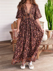 Vintage Women Summer Beach  Short Sleeve Deep V Neck Boho Floral Print Party Female Vestidos  New InsStreet