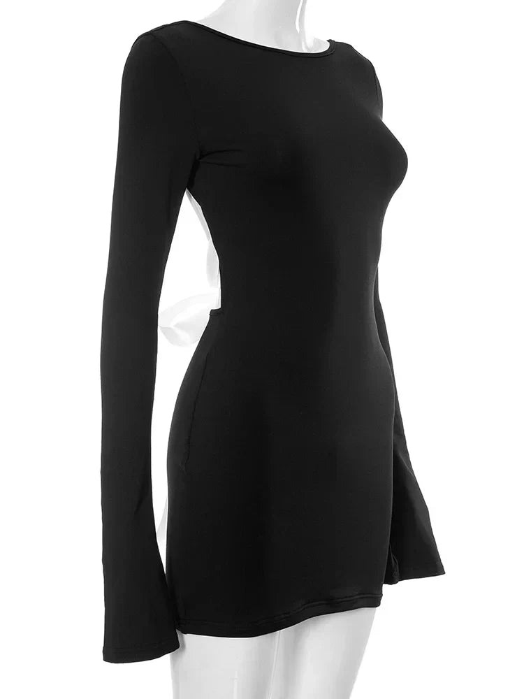 Autumn Slim Fit Backless Black Long Mini Dress InsStreet