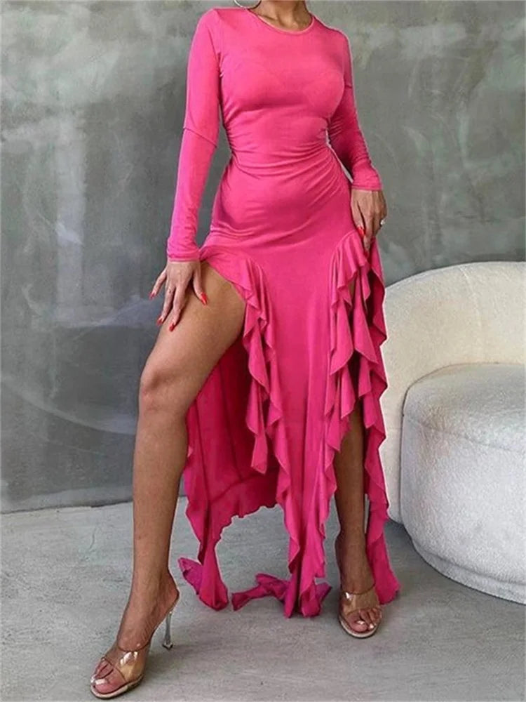 Women Bodycon  Fashion  Sleeve Solid Color High Split Ruffles Ruched Party Female Vestidos InsStreet